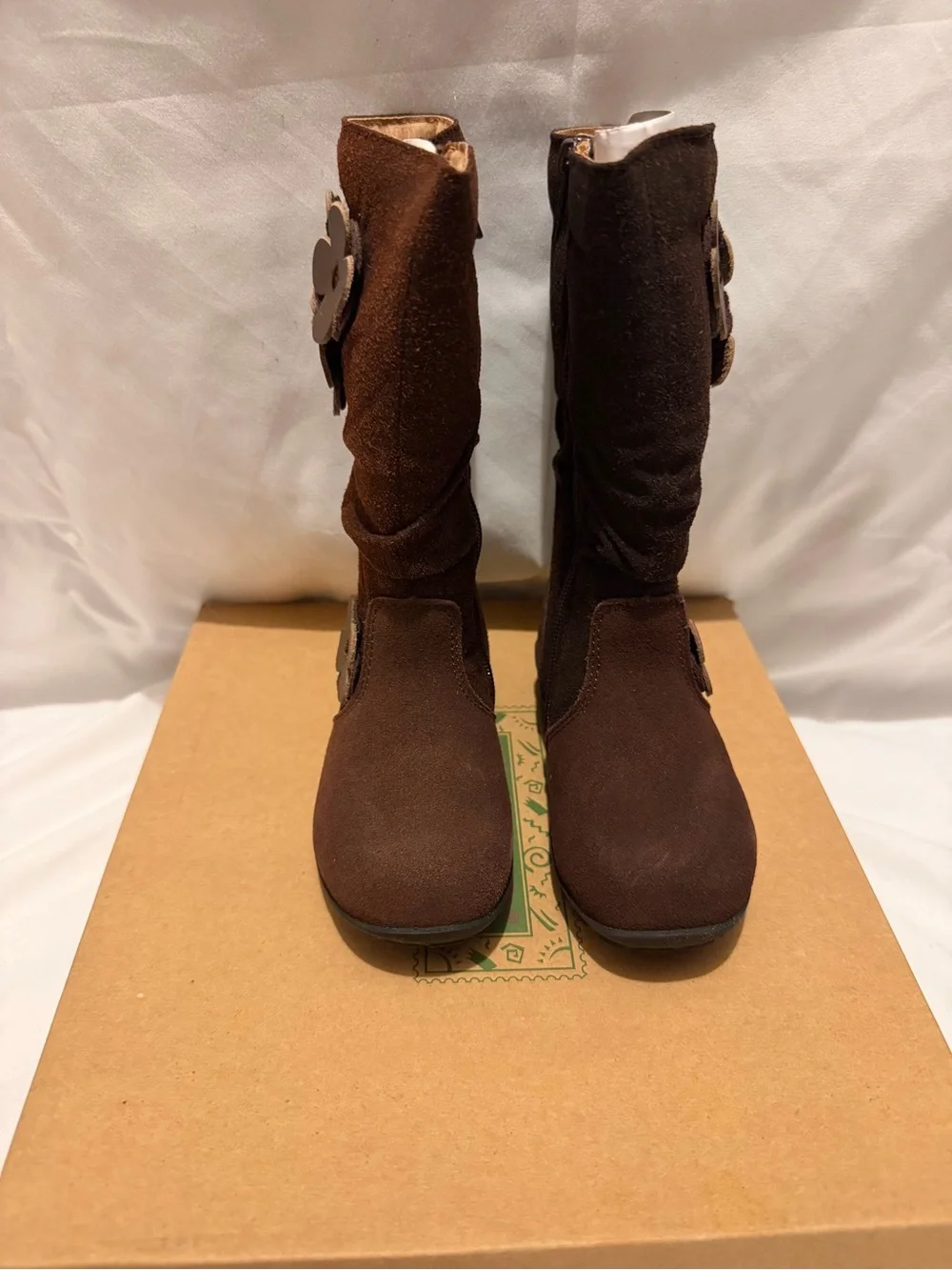 L'Amour Flower Boots Girls Size 7 Brown Tall Boots Side Zip Suede- NIB
